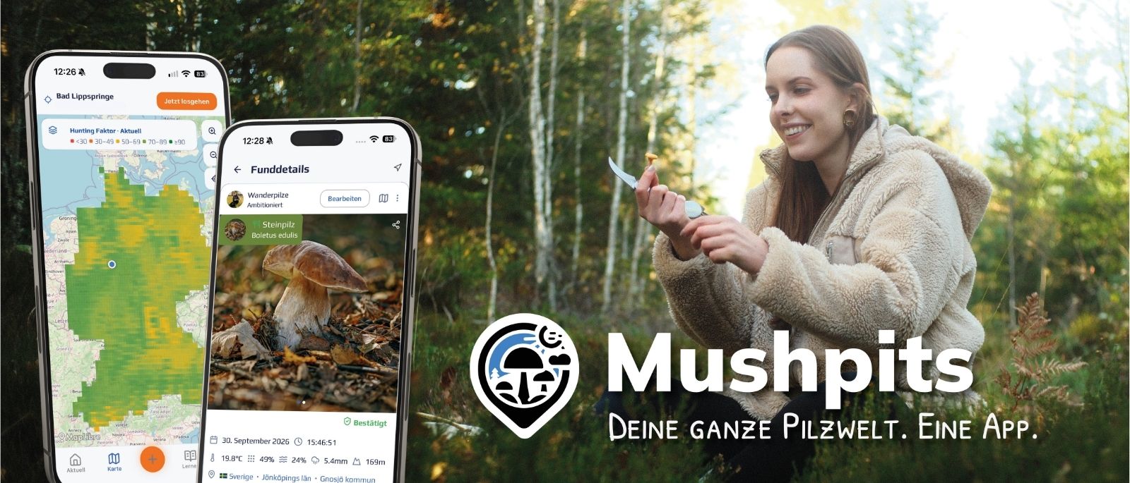 Mushpits Pilz-App mit intelligenten Karten, Baumarten und wissenschaftlichen Standortinformationen